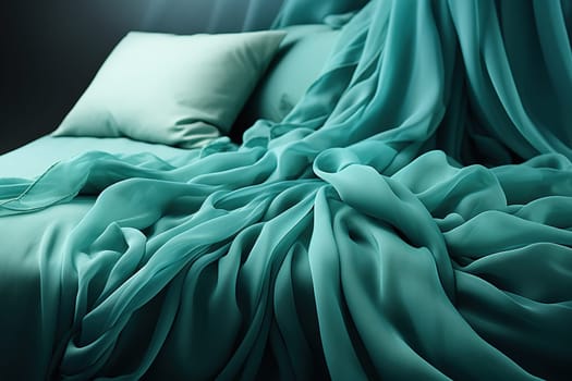 Background with sea green bedding. Fashionable natural shades in home textiles.