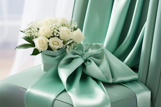 Bouquet of white roses on a silk turquoise background.