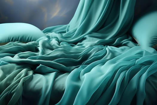 Background with sea green bedding. Fashionable natural shades in home textiles.