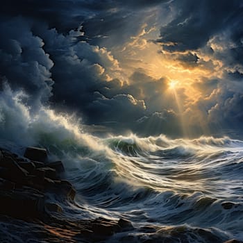 Experience the raw power and beauty of nature with this stunning image capturing the moment where a stormy ocean meets a dramatic and turbulent sky. Marvel at the crashing waves, dark storm clouds, and rays of sunlight breaking through, creating a breathtaking scene of natural fury and splendor. The art style chosen enhances the dynamic interplay between light and darkness, emphasizing the intensity of these two powerful forces. Prepare to be engulfed by a sense of awe and wonder as you witness the raw power and energy of the turbulent horizons where the sky meets the tempestuous ocean.