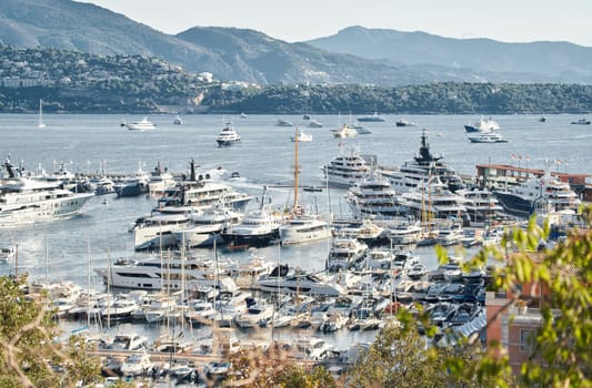 Monaco, Monte Carlo, 01 October 2022 - The famous motorboat exhibition at morning, mega yacht show, novelties of the boating industry. High quality photo