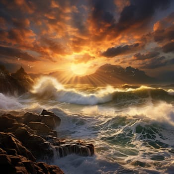 Experience the raw power and beauty of nature with this stunning image capturing the moment where a stormy ocean meets a dramatic and turbulent sky. Marvel at the crashing waves, dark storm clouds, and rays of sunlight breaking through, creating a breathtaking scene of natural fury and splendor. The art style chosen enhances the dynamic interplay between light and darkness, emphasizing the intensity of these two powerful forces. Prepare to be engulfed by a sense of awe and wonder as you witness the raw power and energy of the turbulent horizons where the sky meets the tempestuous ocean.