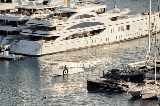 Monaco, Monte Carlo, 01 October 2022 - The famous motorboat exhibition at morning, mega yacht show, novelties of the boating industry. High quality photo