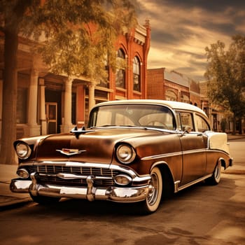 Step into the past with this captivating image of a vintage car in a nostalgic art style, capturing the essence of its bygone era. The vintage car is portrayed against a scenic backdrop, resembling a serene countryside road or a vintage city street with quaint buildings. The image exudes a warm, sepia-toned ambiance, enhancing the perception of nostalgia.