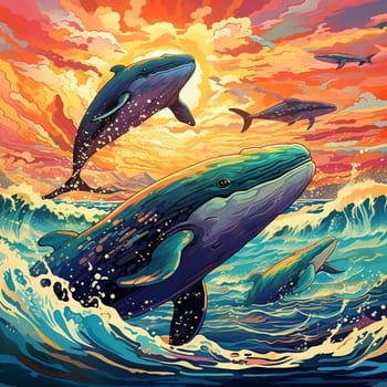 Embark on a whimsical art journey with this vibrant image depicting a pod of majestic whales gracefully navigating the vast expanse of the ocean. Witness these mighty cetaceans breaching the surface, with water droplets shimmering in the sunlight, and their enormous tails elegantly breaking through the waves. The scene is filled with vibrant shades of blues and greens, capturing the depth and beauty of the surrounding ocean. Let the sheer size and power of these incredible creatures inspire awe and wonder in viewers.
