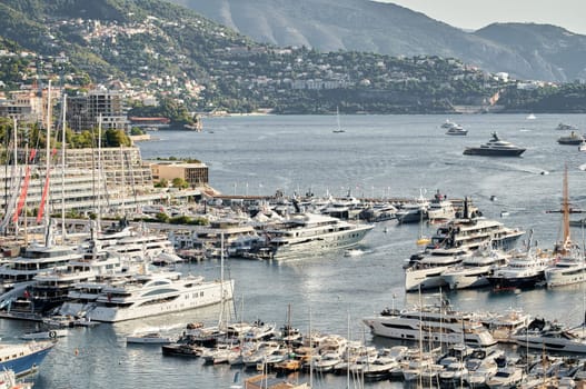 Monaco, Monte Carlo, 01 October 2022 - The famous motorboat exhibition at morning, mega yacht show, novelties of the boating industry. High quality photo