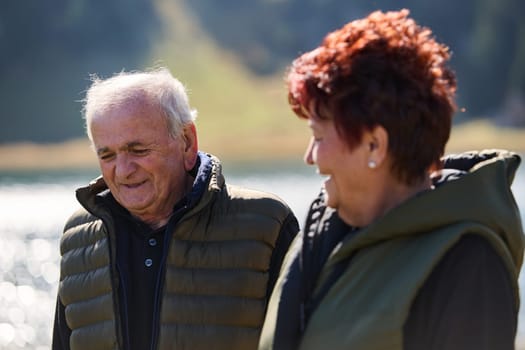 Elderly couple strolling through the breathtaking beauty of nature, maintaining their vitality and serenity, embracing the joys of a health-conscious and harmonious lifestyle.