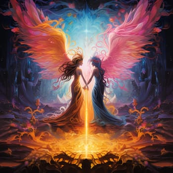 Experience the enchantment of a magical scene where two beings from different worlds come together to exchange vows amidst a radiant glow. One being is ethereal, with glowing wings that cast an otherworldly light, while the other is a mythical creature with shimmering scales, reflecting the magical energy of the moment. The background depicts a luminous nexus of colorful energy, symbolizing the convergence of their vows and the merging of two worlds. The art style is dreamlike and whimsical, with a touch of fantasy, transporting you to a realm where love knows no boundaries.