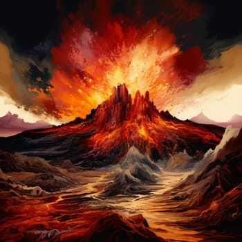 Experience the awe-inspiring power of nature with this surreal volcanic eruption depicted in a vibrant, abstract art style. The eruption is engulfed in hues of fiery oranges, reds, and yellows, conveying the intense heat and energy of the molten lava. Thick plumes of smoke billow out from the volcano, adding to the sense of danger and chaos. The surrounding landscape showcases a stark contrast between the destructive force of the eruption and the tranquility of nature. Towering mountains serve as a backdrop, emphasizing the magnitude of the eruption. Lush vegetation and a clear sky further highlight the juxtaposition, reminding viewers of the fragile balance between destruction and harmony. This image is sure to evoke feelings of awe, danger, and fascination.