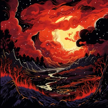 Get ready to be captivated by the mesmerizing scene titled 'Lava's Dance'. In this artwork created in the manga art style, a vibrant and dynamic volcanic eruption takes center stage. The lava gracefully swirls and dances in the air, forming intricate patterns against a dark and dramatic sky. The intense heat, stunning colors, and the raw power of nature combine to create a spectacle that will leave viewers in awe. This mesmerizing display of nature's fury evokes a wide range of emotions, from wonder and fascination to a sense of danger and urgency. The scene deliberately avoids any identifiable landmarks or logos, focusing solely on the beauty and spectacle of the volcanic eruption.