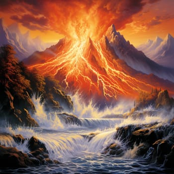 Experience the artistic portrayal of nature's raw power and beauty with this mesmerizing scene titled 'Flaming Cascade.' It depicts a volcanic eruption cascading down a mountain, unleashing vibrant orange lava into a river. The result is a breathtaking display that showcases the remarkable force of nature. The scene is enhanced by the presence of a diverse array of onlookers, capturing their awe-struck expressions as they witness this awe-inspiring phenomenon.