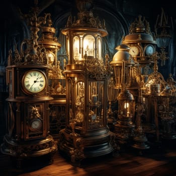 Embark on a nostalgic journey through the wondrous world of vintage clocks with this sentimental scene. In this enchanting time-travel experience, a person is surrounded by an array of antique clocks from various eras, each representing different moments in history. The atmosphere evokes nostalgia and wonder, as soft lighting and gentle hues enhance the sentimentality of the scene. The clocks themselves showcase intricate details and unique designs, capturing the essence of their respective time periods. This captivating illustration invites viewers to spark their imagination and explore the rich tapestry of history through the mesmerizing lens of vintage clocks.