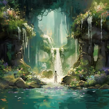 Immerse yourself in the enchanting scene of Emerald Oasis: Vows Exchanged in a Verdant Sanctuary. This impressionistic masterpiece captures the serenity and romance of a lush and vibrant sanctuary. The lush green foliage creates a verdant backdrop, while the cascading waterfall becomes the focal point of the image. Amidst the idyllic scenery, two individuals are seen exchanging wedding vows, their love celebrated in nature's embrace. Blooming flowers and shimmering butterflies add an ethereal touch to the atmosphere, evoking a sense of tranquility and enchantment. Let this captivating image transport you to a world of natural beauty and everlasting love.