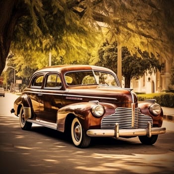 Step into the past with this captivating image of a vintage car in a nostalgic art style, capturing the essence of its bygone era. The vintage car is portrayed against a scenic backdrop, resembling a serene countryside road or a vintage city street with quaint buildings. The image exudes a warm, sepia-toned ambiance, enhancing the perception of nostalgia.