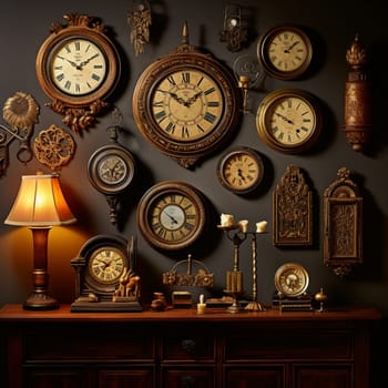 Step back in time with this mesmerizing vintage clock collection displayed against a vibrant backdrop. Each antique clock is uniquely ornate, exuding a sense of history and mystery. From pocket watches adorned with elaborate engravings to grandfather clocks standing tall with intricate woodwork, this collection embodies the charm of a bygone era. The scene is softly illuminated with warm lighting, enhancing the nostalgic ambiance. Subtle hints of time's passing, like fading wallpaper and cracked walls, add to the allure. This artfully crafted image captures the essence of vintage aesthetics while ensuring its visual appeal to a wide audience on microstock sites.