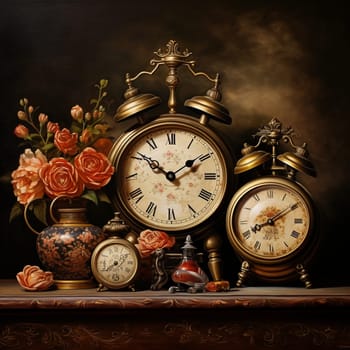 Step into a timeless era with this mesmerizing oil painting art style image. It beautifully showcases the nostalgic beauty of vintage clocks, each one uniquely designed and ornate. The focal point of the image is a harmoniously arranged collection of vintage clocks, evoking a sense of balance. The intricate details of the clocks transport you to a bygone era, while the flowing fabric and swirling patterns in the background add a touch of motion and enchantment. The clocks seem to play a symphony of time, leaving behind melodic footprints in their wake.