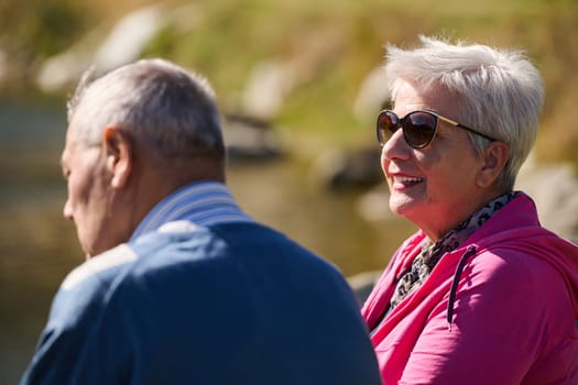 Elderly couple finding solace and joy as they rest on a park bench, engaged in heartfelt conversation, following a rejuvenating strol a testament to the enduring companionship and serene connection that accompanies the golden years.