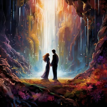 Generate an illustration in the art style of vibrant digital painting that portrays a breathtaking scene. Imagine a couple, dressed in elegant wedding attire, standing on a moss-covered rock beneath a towering waterfall. The cascading water creates a shimmering curtain, while colorful flowers and lush greenery surround the scene. The couple's arms are outstretched towards each other, their faces filled with love and anticipation, as they exchange heartfelt vows. Let their emotions and the magnificence of the natural setting evoke a sense of awe and enchantment.