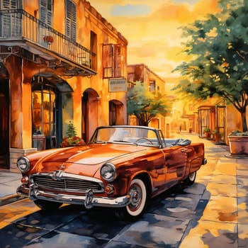 Step back in time and soak in the warm glow of the setting sun on this beautiful vintage convertible car. Parked on a quaint cobblestone street lined with historic buildings, this scene creates a picturesque view. The sleek and polished exterior of the car captures the attention, while the vibrant watercolor style adds a timeless and romantic feeling to the overall image.