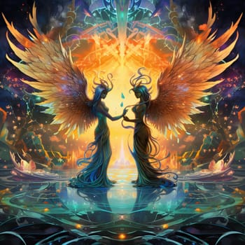 Experience the enchantment of a magical scene where two beings from different worlds come together to exchange vows amidst a radiant glow. One being is ethereal, with glowing wings that cast an otherworldly light, while the other is a mythical creature with shimmering scales, reflecting the magical energy of the moment. The background depicts a luminous nexus of colorful energy, symbolizing the convergence of their vows and the merging of two worlds. The art style is dreamlike and whimsical, with a touch of fantasy, transporting you to a realm where love knows no boundaries.