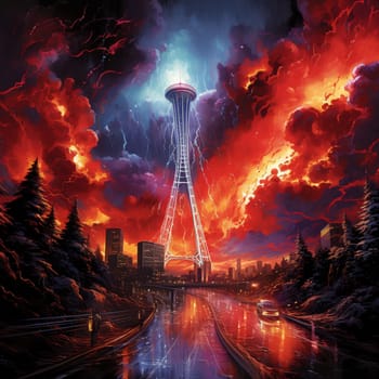 Experience the awe-inspiring sight of a surreal volcanic eruption engulfing a futuristic cityscape in the image titled 'Blazing Torrent.' The vibrant eruption illuminates the night with its fiery glow, casting a mesmerizing spectacle for the beholder. Watch as a cascading torrent of lava pours forth with incredible force and heightened intensity, contrasting against the glittering lights of the urban skyline. The dynamic scene is further accentuated by billowing clouds of ash and smoke, capturing the raw power and beauty of this volcanic phenomenon.