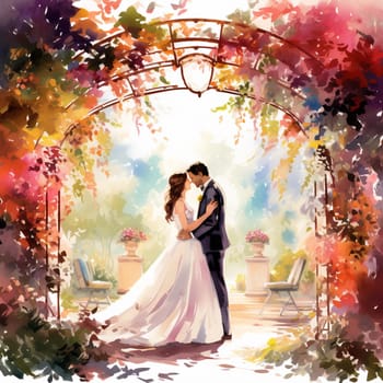 Immerse yourself in the beauty of this vibrant watercolor painting that showcases a couple exchanging vows in a stunning garden setting. The bride is wearing a flowing white dress adorned with delicate flowers, while the groom is dressed in a dapper suit. They stand beneath a blossoming arch entwined with greenery and colorful flowers. The sunlight filters through the tree canopy, casting a warm glow on the scene. In the background, witnesses and loved ones watch with teary-eyed joy as the couple exchanges their eternal promises, creating a deeply heartfelt and cherished moment captured in this radiant exchange of vows.