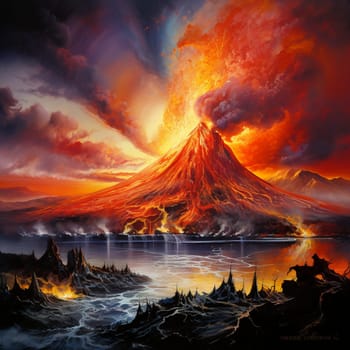 Prepare to be mesmerized by this surreal and intense landscape featuring a volcanic eruption that envelops everything in its path. The explosive power of the eruption is showcased in a magnificent display, while the surroundings are engulfed in a fiery embrace. The vibrant colors and intricate details of the dream-like art style capture the raw energy and destructive beauty of the eruption, leaving viewers captivated by the awe-inspiring force of nature unleashed upon the Earth.