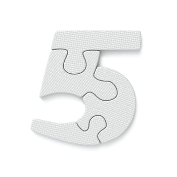 White jigsaw puzzle font Number 5 FIVE 3D rendering illustration isolated on white background