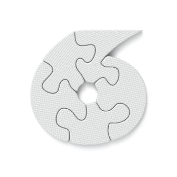 White jigsaw puzzle font Number 6 SIX 3D rendering illustration isolated on white background