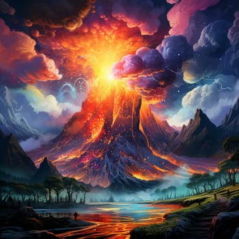 Prepare to be mesmerized by this surreal and intense landscape featuring a volcanic eruption that envelops everything in its path. The explosive power of the eruption is showcased in a magnificent display, while the surroundings are engulfed in a fiery embrace. The vibrant colors and intricate details of the dream-like art style capture the raw energy and destructive beauty of the eruption, leaving viewers captivated by the awe-inspiring force of nature unleashed upon the Earth.