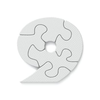 White jigsaw puzzle font Number 9 NINE 3D rendering illustration isolated on white background