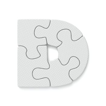 White jigsaw puzzle font Letter D 3D rendering illustration isolated on white background