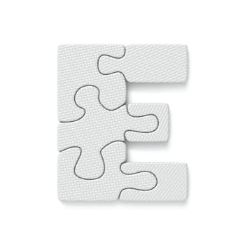 White jigsaw puzzle font Letter E 3D rendering illustration isolated on white background