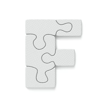White jigsaw puzzle font Letter F 3D rendering illustration isolated on white background