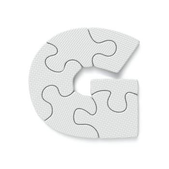 White jigsaw puzzle font Letter G 3D rendering illustration isolated on white background