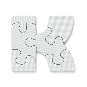 White jigsaw puzzle font Letter K 3D rendering illustration isolated on white background