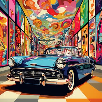 Experience the nostalgia and excitement of a vibrant museum scene, featuring a collection of iconic vintage cars from different eras. This colorful pop art illustration takes inspiration from the 1960s and perfectly captures the timeless charm of the cars on display. The scene showcases visitors exploring the museum, surrounded by dynamic lighting and bold retro patterns, creating a visually stunning and eye-catching composition.