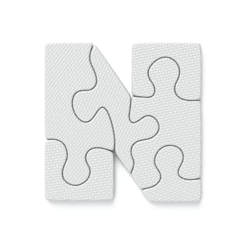 White jigsaw puzzle font Letter N 3D rendering illustration isolated on white background
