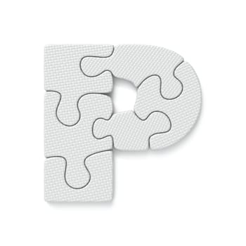 White jigsaw puzzle font Letter P 3D rendering illustration isolated on white background