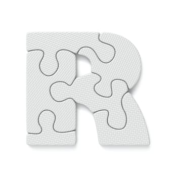 White jigsaw puzzle font Letter R 3D rendering illustration isolated on white background