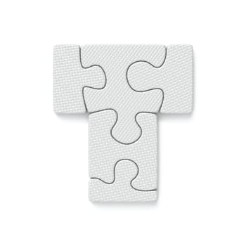 White jigsaw puzzle font Letter T 3D rendering illustration isolated on white background