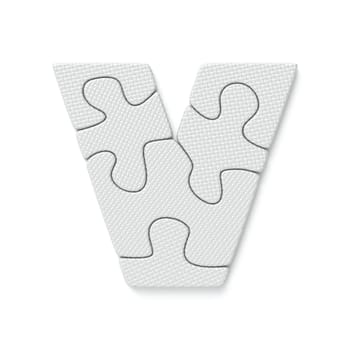 White jigsaw puzzle font Letter V 3D rendering illustration isolated on white background