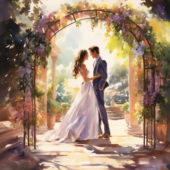 Immerse yourself in the beauty of this vibrant watercolor painting that showcases a couple exchanging vows in a stunning garden setting. The bride is wearing a flowing white dress adorned with delicate flowers, while the groom is dressed in a dapper suit. They stand beneath a blossoming arch entwined with greenery and colorful flowers. The sunlight filters through the tree canopy, casting a warm glow on the scene. In the background, witnesses and loved ones watch with teary-eyed joy as the couple exchanges their eternal promises, creating a deeply heartfelt and cherished moment captured in this radiant exchange of vows.