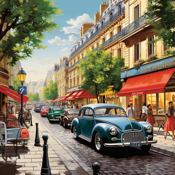 Create an image of a bustling street scene from the 1950s, showcasing an array of meticulously restored vintage cars. Picture yourself being transported back in time as you gaze upon these automotive delights. Parisian-style outdoor cafes, vibrant storefronts, and fashionable pedestrians pepper the background, adding to the nostalgic ambiance. Let the rich colors and classic details of these vintage beauties spark a wave of curiosity, fascination, and admiration amongst viewers. This art piece should evoke a sense of awe for the craftsmanship, style, and elegance of bygone eras. Show us a snapshot of a magical street where every turn reveals another automotive gem from the past.