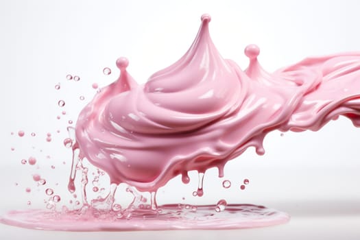 Pink confectionery glaze flows down on a white background.