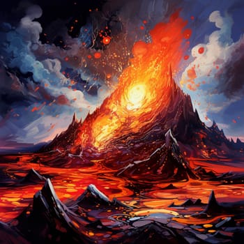 Immerse yourself in the vibrant and abstract world of 'Molten Chaos', an oil painting that captures the raw power and intense heat of a volcanic eruption with a modern twist. This visually stunning piece showcases a volcano erupting with incredible force, unleashing fiery lava and billowing smoke into a chaotic sky. The colors in this artwork blend together in a kaleidoscope of molten oranges, reds, and yellows, representing the danger and awe inspired by the scene. Experience the energy and destruction of the eruption as you gaze upon this captivating masterpiece.