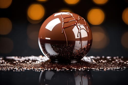 Chocolate sphere on a background with golden bokeh.