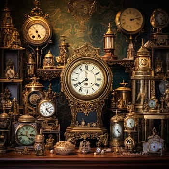 Step into a mesmerizing world of vintage clocks with this enchanting image titled 'Timeless Treasures: Showcasing Vintage Clocks' Artistry'. This captivating scene features an ornate display of intricately designed clocks, spanning different eras and styles. From delicate filigree work to mesmerizing pendulums, each clock exudes its unique charm and character. The warm and nostalgic color palette, coupled with the inviting lighting scheme, evokes a sense of timeless beauty. Immerse yourself in the artistry of antique timekeepers and indulge in a celebration of craftsmanship from a bygone era filled with history and sophistication.