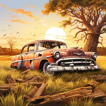 Step into the past with this vintage-style illustration of a weathered classic car restlessly parked in an overgrown field. The sun gracefully shines through a thick layer of rust on the body, casting warm rays that enhance the car's aged, faded glory. This artwork exudes elements of nostalgia and evokes a sense of a forgotten era.