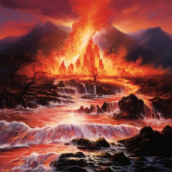 Experience the artistic portrayal of nature's raw power and beauty with this mesmerizing scene titled 'Flaming Cascade.' It depicts a volcanic eruption cascading down a mountain, unleashing vibrant orange lava into a river. The result is a breathtaking display that showcases the remarkable force of nature. The scene is enhanced by the presence of a diverse array of onlookers, capturing their awe-struck expressions as they witness this awe-inspiring phenomenon.